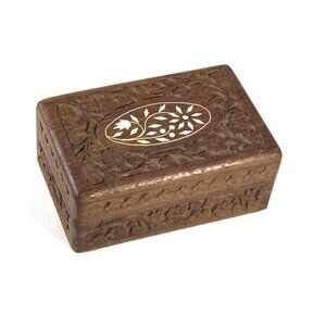 Vintage hardwood jewelry box, carved inlaid wooden box, jewelry trinket box,